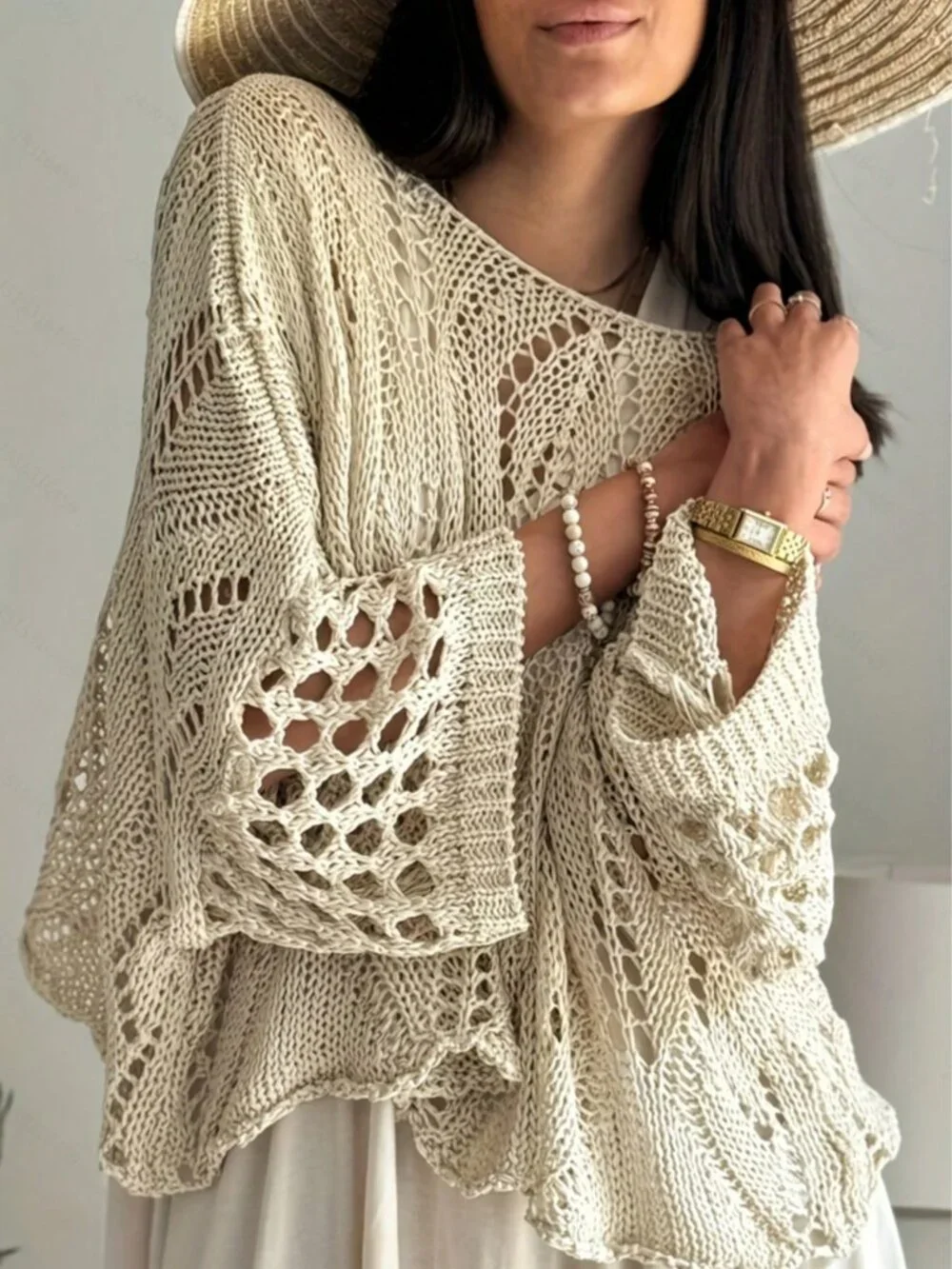 Apricot Casual Women's Loose Hollow-Out High-End 3/4 Sleeve Knit Sweater